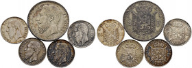 Belgien-Königreich. Leopold II. 1865-1909. 
Lot (5 Stücke): 50 Centimes 1866 (Französische Legende), 50 Centimes 1886(2x) und 1898 (Flämische Legende...