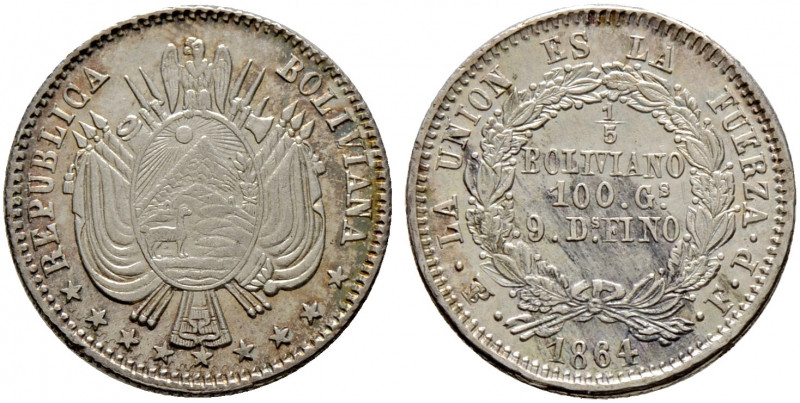 Bolivien. Republik. 
1/5 Boliviano 1864 -Potosi- (FP). KM 151.2. selten in dies...