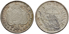 Bolivien. Republik. 
1/5 Boliviano 1864 -Potosi- (FP). KM 151.2. selten in dieser Erhaltung, vorzüglich-prägefrisch