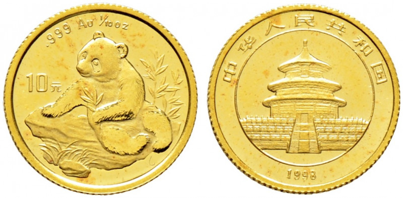 China-Volksrepublik. 
10 Yuan 1998. Panda. KM 1127, Fr. B7. 3,11 g Feingold (1/...