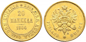 Finnland (unter russischer Herrschaft). Nikolaus II. 1894-1917. 
20 Markka 1904 -Helsinki-. Bitkin (Russland) 386, Schl. 10, Fr. 3. 6,42 g leichter R...