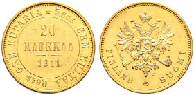 Finnland (unter russischer Herrschaft). Nikolaus II. 1894-1917. 
20 Markka 1911 -Helsinki-. Bitkin (Russland) 388, Schl. 12, Fr. 3. 6,45 g kleine Kra...