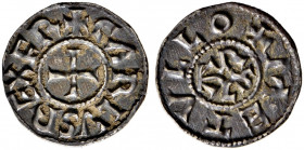 Frankreich-Karolinger. Karl der Kahle 843-877. 
Denar -Melle-. CARLVS REX FR um Kreuz / +METVLLO um Karolus-Mono­gramm. MG 1063, Depeyrot 606. 1,62 g...