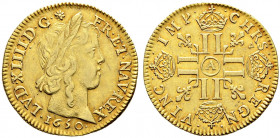 Frankreich-Königreich. Louis XIV. 1643-1715. 
Louis d'or à'la mèche longue 1650 -Paris-. Gad. 245, Ciani 1787, Dupl. 1422, Fr. 418. 6,67 g feine Gold...