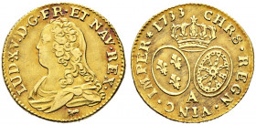 Frankreich-Königreich. Louis XV. 1715-1774. 
Louis d'or aux lunettes 1733 -Paris-. Gad. 340, Ciani 2085, Dupl. 1640, Fr. 461. 8,04 g feine Goldtönung...