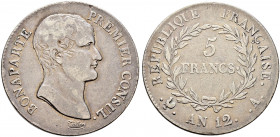 Frankreich-Königreich. Bonaparte, 1. Konsul 1799-1804. 
5 Francs AN 12 (1803/04) -Paris-. Gad. 577, Dav. 82. sehr schön