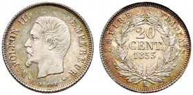 Frankreich-Königreich. Napoleon III. 1852-1870. 
20 Centimes 1853 -Paris-. Gad. 305. Prachtexemplar mit feiner Patina, Stempelglanz