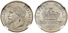 Frankreich-Königreich. Napoleon III. 1852-1870. 
50 Centimes 1867 -Straßburg-. Gad. 417. In Plastikholder der NGC (slabbed) mit der Bewertung MS 65 P...