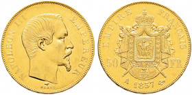 Frankreich-Königreich. Napoleon III. 1852-1870. 
50 Francs 1857 -Paris-. Gad. 1111, Fr. 571, Schl. 270. 16,15 g minimale Kratzer, vorzüglich-prägefri...
