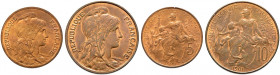 Frankreich-Königreich. Dritte Republik. 
Lot (2 Stücke): 5 Centimes 1900 und 10 Centimes 1901 aus Bronze. Büste der Marianne nach rechts. Gad. 165,27...