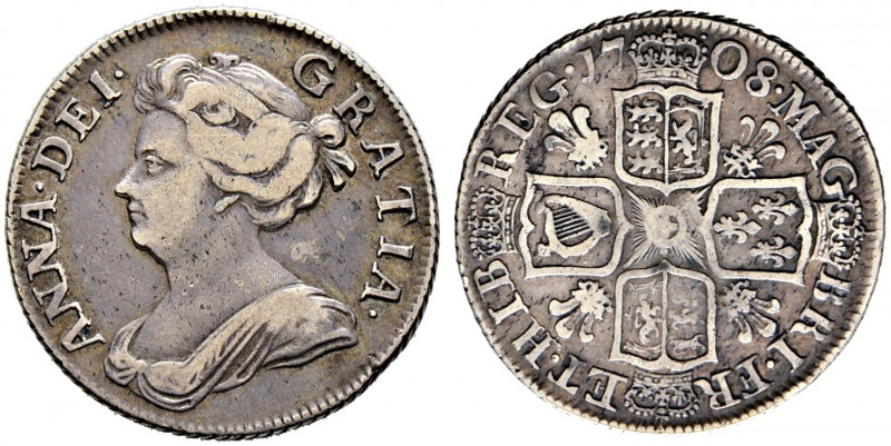 Großbritannien. Anne 1702-1714. 
Shilling 1708. Spink 3611. feine Patina, sehr ...