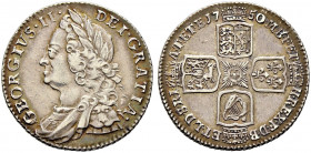 Großbritannien. George II. 1727-1760. 
Shilling 1750 (aus 1746 im Stempel geändert). Spink 3704. feine Patina, sehr schön-vorzüglich