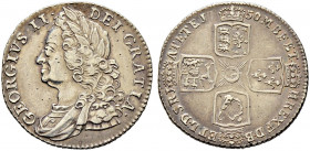 Großbritannien. George II. 1727-1760. 
Shilling 1750. Spink 3704. leichte Tönung, winzige Schrötlingsfehler, fast vorzüglich