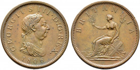 Großbritannien. George III. 1760-1820. 
Cu-Penny 1806. Spink 3780. minimale Kratzer, sehr schön-vorzüglich