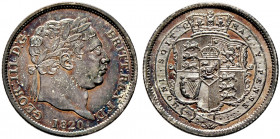 Großbritannien. George III. 1760-1820. 
Shilling 1820 -London-. Spink 3790. feine alte Patina, winzige Kratzer, vorzüglich-Stempelglanz