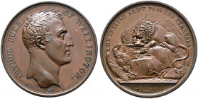 Großbritannien. George III. 1760-1820. 
Bronzemedaille 1813 von Mudie, auf denselben Anlass. Büste des Herzogs nach rechts / Englischer Löwe zerfleis...