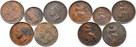 Großbritannien. George IV. 1820-1830. 
Lot (5 Stücke): Cu-Farthings 1823,1826,1828 und 1830 sowie Cu-Half-Farthing 1830. Spink 3822, 3825, 3826. über...