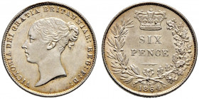 Großbritannien. Victoria 1837-1901. 
Sixpence 1864. Mit Stempelnummer 57. Spink 3909. Prachtexemplar, fast Stempelglanz