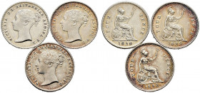 Großbritannien. Victoria 1837-1901. 
Lot (3 Stücke): Groat (= Fourpence) 1838,1839 und 1842. Spink 3913. vorzüglich, vorzüglich-prägefrisch