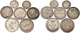 Großbritannien. Victoria 1837-1901. 
Lot (7 Stücke): Fourpence 1859 und 1863, Threepence 1859,1860 und 1884 sowie Penny 1860 und 1863. Aus Maundy-Set...