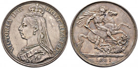 Großbritannien. Victoria 1837-1901. 
Crown 1887. Jubilee Coinage. Spink 3921, Dav. 107. feine Patina, kleine Kratzer, gutes vorzüglich