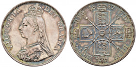 Großbritannien. Victoria 1837-1901. 
Double Florin 1887. Jubilee coinage. Arabische Ziffer 1 in der Jahreszahl. Spink 3923. Prachtexemplar mit feiner...