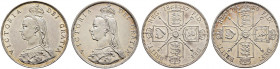 Großbritannien. Victoria 1837-1901. 
Lot (2 Stücke): Florin 1887 und 1889. Jubilee coinage. Spink 3925. vorzüglich-prägefrisch, vorzüglich