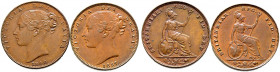 Großbritannien. Victoria 1837-1901. 
Lot (2 Stücke):Cu-Farthing 1840 und 1857. Spink 3950. vorzüglich-prägefrisch