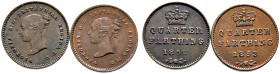 Großbritannien. Victoria 1837-1901. 
Lot (2 Stücke): Cu-Quarter-Farthing 1852 und 1853. Spink 3953. vorzüglich-prägefrisch
