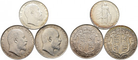 Großbritannien. Edward VII. 1901-1910. 
Lot (3 Stücke): Halfcrown 1902 und 1907 sowie Florin 1903. Spink 3980,3981. sehr schön-vorzüglich, vorzüglich...