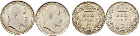 Großbritannien. Edward VII. 1901-1910. 
Lot (2 Stücke): Sixpence 1902 und 1907. Spink 3983. vorzüglich-prägefrisch