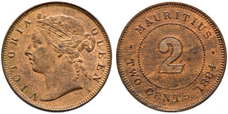 Mauritius. 
2 Cents 1884. Bronze. KM 8. prägefrisches Prachtexemplar