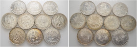 10 Stücke: MEXIKO. Silbermünzen zu 8 Reales und Un Peso aus dem Zeitraum 1871 bis 1908.
sehr schön, sehr schön-vorzüglich, vorzüglich