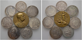 8 Stücke: FRANKREICH, 5 Francs 1832 D, 1849 A, 1870 A und 1875 A. Dazu: ÖSTERREICH, Doppelgulden 1879 auf die Silberhochzeit (gehenkelt) und Bronzemed...