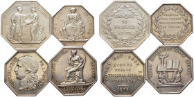 Medaillen. 4 Stücke: FRANKREICH. Jetonartige, oktogonale Silbermedaillen: der Bank von Frankreich 1800 (36 x 36 mm, 25,29 g), der Rechtsbeistände beim...