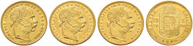 Haus Österreich. Franz Josef I., Kaiser von Österreich 1848-1916. 
Lot (3 Stücke): 8 Forint (20 Franken) 1881, 1883 und 1889 -Kremnitz-. Her. 265,267...