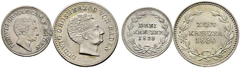Baden-Durlach. Ludwig 1818-1830. 
Lot (2 Stücke): 10 Kreuzer 1830 und 3 Kreuzer...