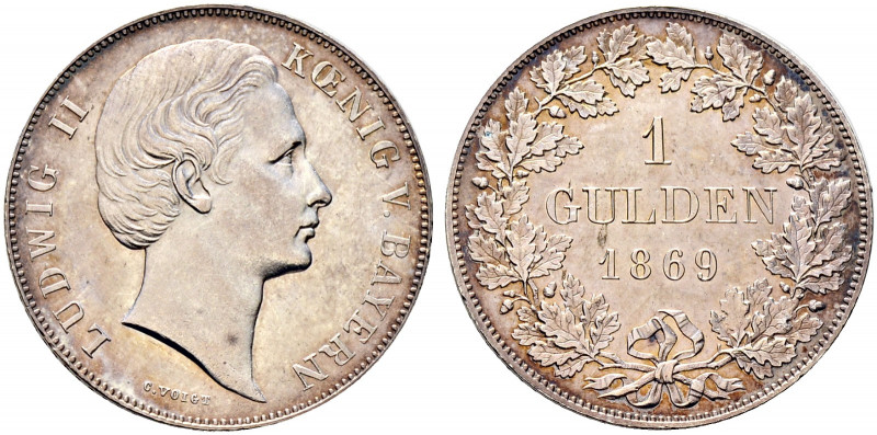 Bayern. Ludwig II. 1864-1886. 
Gulden 1869. AKS 178, J. 103. Prachtexemplar mit...