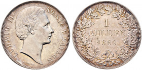 Bayern. Ludwig II. 1864-1886. 
Gulden 1869. AKS 178, J. 103. Prachtexemplar mit feiner Tönung, fast Stempelglanz