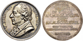 Biberach, Stadt. 
Silbermedaille 1823 (Neuprägung der Monnaie de Paris nach 1879) von Wolff, auf den Dichter Christoph Martin Wieland. Dessen Brustbi...