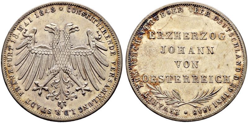 Frankfurt, Stadt. 
Doppelgulden 1848. Erzherzog Johann von Österreich. AKS 39, ...