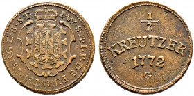 Fürstenberg-Fürstentum. Josef Wenzel 1762-1783. 
Cu- 1/2 Kreuzer 1772 -Günzburg-. Doll. 41, Reißen. 44. sehr selten-besonders in dieser Erhaltung, mi...