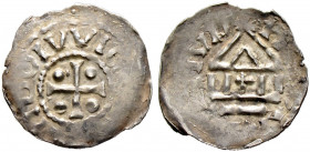 Mainz, königliche Münzstätte. Ludwig das Kind 899-911. 
Pfennig. Kreuz, in den Winkeln je eine Kugel / Tempelfront mit Kreuz. MG 1548, Slg. Walther 7...
