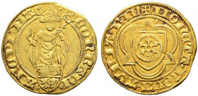 Mainz, Erzbistum. Konrad III. von Dhaun 1419-1434. 
Goldgulden o.J. (1426) -Bingen-. Erzbischof mit Krummstab und segnender Rechten hinter Dhauner Wa...