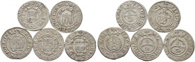 Montfort, Grafschaft. Hugo IV. 1621-1662. 
Lot (5 Stücke): Halbbatzen zu 2 Kreuzer 1625-1629. Mit Titulatur Kaiser Ferdinand II. Ebner 65ff, Rutishau...