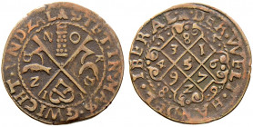 Nördlingen, Stadt. 
Cu-Rechenpfennig 1568. Zwei übereinander gelegte Zainhaken, ein Andreaskreuz bildend. Dazwischen oben eine Säule zwischen N-O, li...