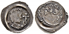 Nürnberg, Reichsmünzstätte. Heinrich VI. bis Interregnum 1190-1273. 
Pfennig ca. 1245-1250. Königsbrustbild nach rechts mit vorgehaltenem Kreuz / Zwe...