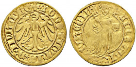 Nürnberg, Stadt. 
Goldgulden o.J. (ab 1429). Nach links blickender Adler mit einem "N" auf der Brust / St. Laurentius stehend von vorn mit Rost und B...