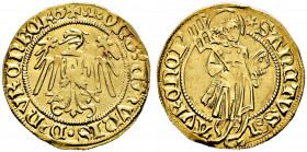 Nürnberg, Stadt. 
Goldgulden o.J. (um 1440-50). Ähnlich wie vorher, jedoch Laurentius mit vierfeldigem Rost und Umschrift *SANCTVS [Doppelringel] L-A...