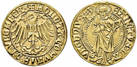 Nürnberg, Stadt. 
Goldgulden o.J. (1496-1506). Ähnlich wie vorher, der Heilige blickt jedoch nach links und die Umschriften sind mit lateinischen Buc...